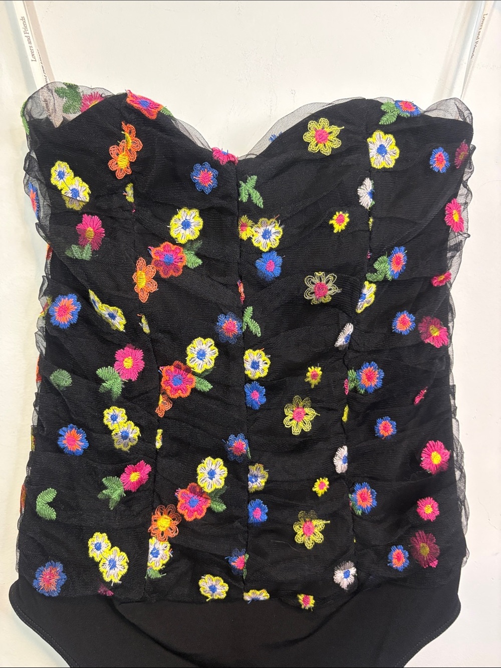 Ruched Mesh Neon Flower Embroidery Black Lovers+Friends Youlanda Thong Bodysuit